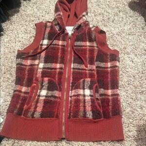 Maurices Red Plaid Hooded Vest